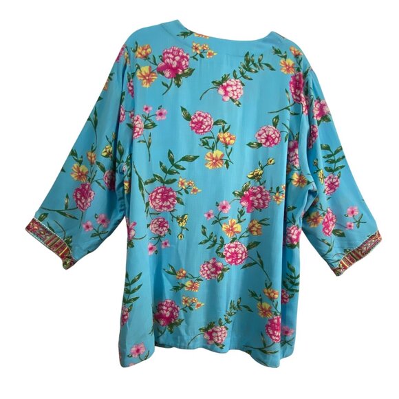 Belle Susan Graver Turquoise Blue Floral Boho Tunic Top Xl Blouse Hippie Casual - Picture 2 of 6